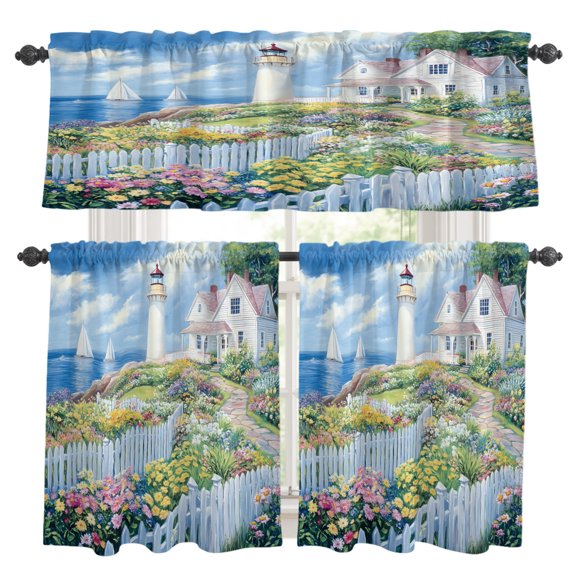Spring Kitchen Curtains Set for Windows, Colorful Flowers Beacon Ocean House Country Scenery Curtains Valance and Tier 3 Piece Set Small Drapes 24 Inch Length for Kitchen Bedroom Decor