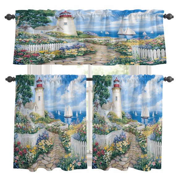Spring Kitchen Curtains Set for Windows, Colorful Flowers Beacon Ocean House Pastoral Scenery Curtains Valance and Tier 3 Piece Set Small Drapes 24 Inch Length for Kitchen Bedroom Decor