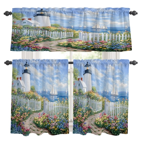 Spring Kitchen Curtains Set for Windows, Colorful Flowers Beacon Ocean Town Country Scenery Curtains Valance and Tier 3 Piece Set Small Drapes 36 Inch Length for Kitchen Bedroom Decor