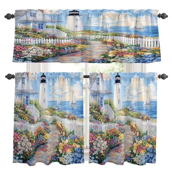 Spring Kitchen Curtains Set for Windows, Colorful Flowers Town Beacon Country Scenery Curtains Valance and Tier 3 Piece Set Small Drapes 24 Inch Length for Kitchen Bedroom Decor