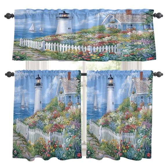 Spring Kitchen Curtains Set for Windows, Colorful Flowers Town Beacon Ocean Country Scenery Curtains Valance and Tier 3 Piece Set Small Drapes 24 Inch Length for Kitchen Bedroom Decor