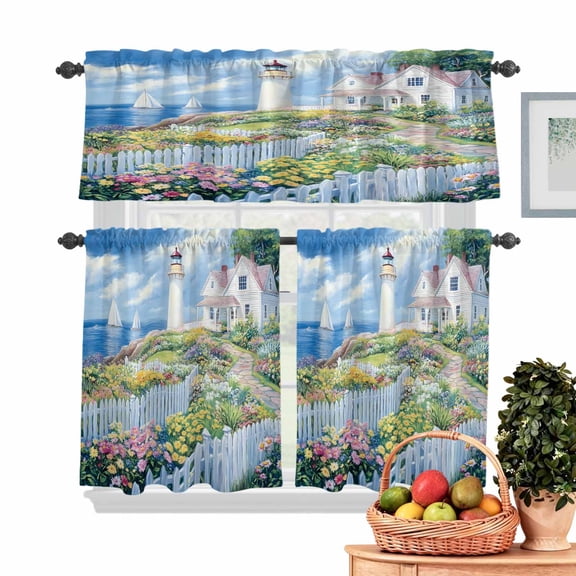 Spring Kitchen Curtains Valances 3 Piece Set, Colorful Flowers Beacon Ocean House Country Scenery Rod Pocket Tier Curtain and Valance Drapes for Small Window 24 Inch Length for Bedroom Cafe