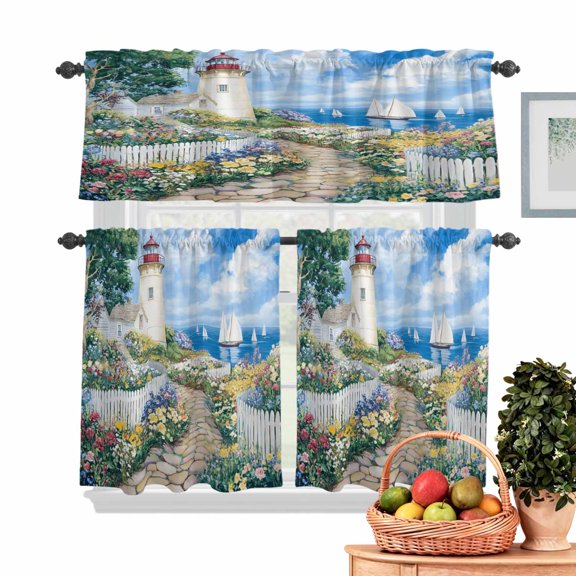 Spring Kitchen Curtains Valances 3 Piece Set, Colorful Flowers Beacon Ocean House Pastoral Scenery Rod Pocket Tier Curtain and Valance Drapes for Small Window 24 Inch Length for Bedroom Cafe