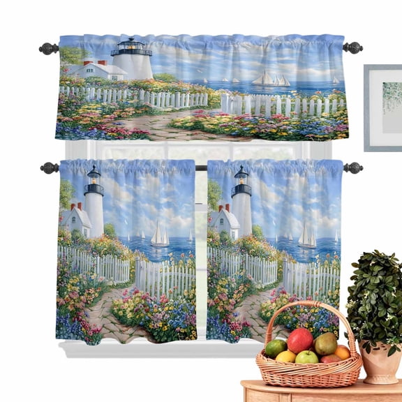 Spring Kitchen Curtains Valances 3 Piece Set, Colorful Flowers Beacon Ocean Town Country Scenery Rod Pocket Tier Curtain and Valance Drapes for Small Window 24 Inch Length for Bedroom Cafe