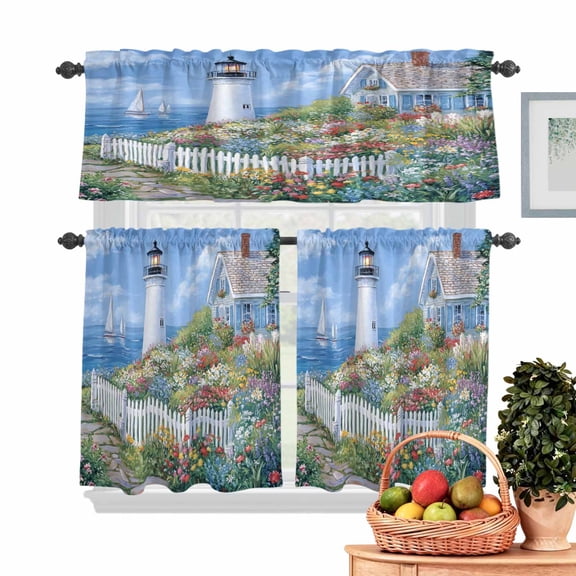 Spring Kitchen Curtains Valances 3 Piece Set, Colorful Flowers Town Beacon Ocean Country Scenery Rod Pocket Tier Curtain and Valance Drapes for Small Window 24 Inch Length for Bedroom Cafe