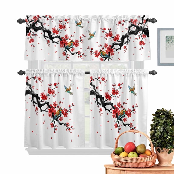 Spring Kitchen Curtains Valances 3 Piece Set, Oriental Traditional Red Plum Blossoms Birds Ethnic Rod Pocket Tier Curtain and Valance Drapes for Small Window 24 Inch Length for Bedroom Cafe