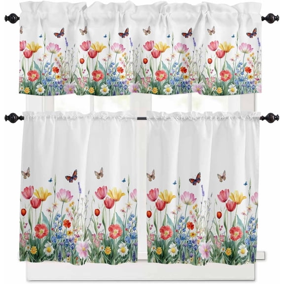 Spring Kitchen Curtains and Valances Set, Colorful Tulip Butterfly Rod Pocket Window Valance 18 Inch Farmhouse Wildflower Window Curtain Panels for Living Room Bedroom Laundry, 27.5x24in, 3 Pieces