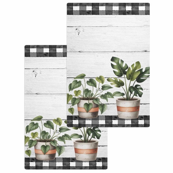 Spring Kitchen Dish Towels for Drying Dishes Set of 2, Farmhouse Pots Plant Leaves Wood Plank Black Plaid Waffle Weave Microfiber Hand Tea Bathroom Towels Quick Dry & Absorbent Towel 15.7x23.6