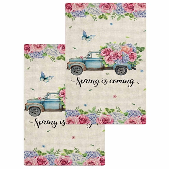 Spring Kitchen Dish Towels for Drying Dishes Set of 2, Farmhouse Retro Truck Botanical Rose Butterfly Waffle Weave Microfiber Hand Tea Bathroom Towels Quick Dry & Absorbent Towel 15.7x23.6
