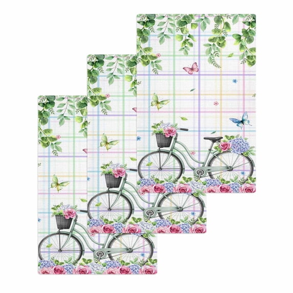 Spring Kitchen Dish Towels for Drying Dishes Set of 3, Bicycles Botanical Leaves Rose Colorful Stripes Waffle Weave Microfiber Hand Tea Bathroom Towels Quick Dry & Absorbent Towel 15.7x23.6