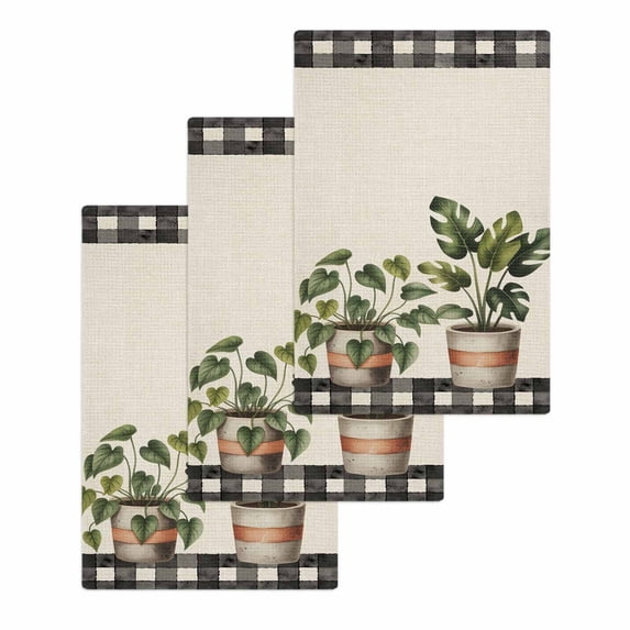 Spring Kitchen Dish Towels for Drying Dishes Set of 3, Country Vintage Pots Plants Black Plaid Border Waffle Weave Microfiber Hand Tea Bathroom Towels Quick Dry & Absorbent Towel 15.7x23.6