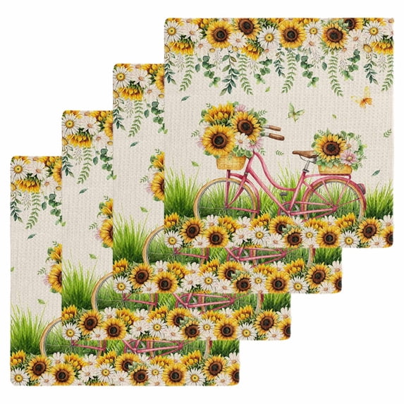 Spring Kitchen Dish Towels for Drying Dishes Set of 4, Bicycles Botanical Sunflowers Leaves Butterfly Waffle Weave Microfiber Hand Tea Bathroom Towels Quick Dry & Absorbent Towel 12x12