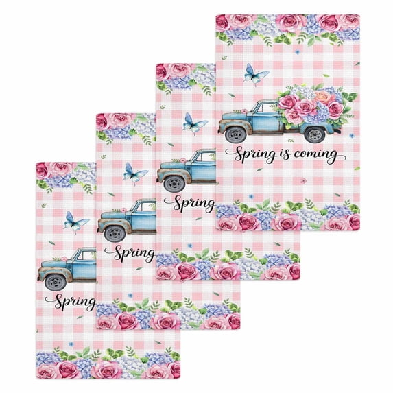 Spring Kitchen Dish Towels for Drying Dishes Set of 4, Truck Botanical Rose Leaves Butterfly Pink Lattice Waffle Weave Microfiber Hand Tea Bathroom Towels Quick Dry & Absorbent Towel 15.7x23.6