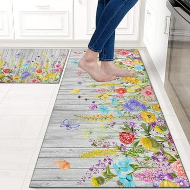 Spring Kitchen Mat Rugs Sets of 2 Colorful Floral Kitchen Rug Washable Non-Slip Kitchen Mats for Floor 2 Piece Spring Kitchen Decor