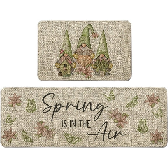 Spring Kitchen Mat Set of 2 Gnomes Kitchen Rugs Floral Butterfly Farmhouse Party Floor Mat for Home Kitchen Bathroom Decorations - 17x27 and 17x47 Inch