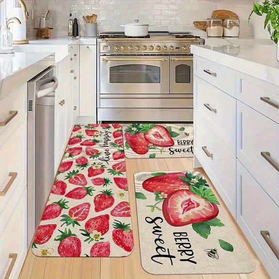 Spring Kitchen Mat with Strawberry Bee Pattern, Non-Slip Water-Absorbent Flannel for Sink and Outdoor Decor