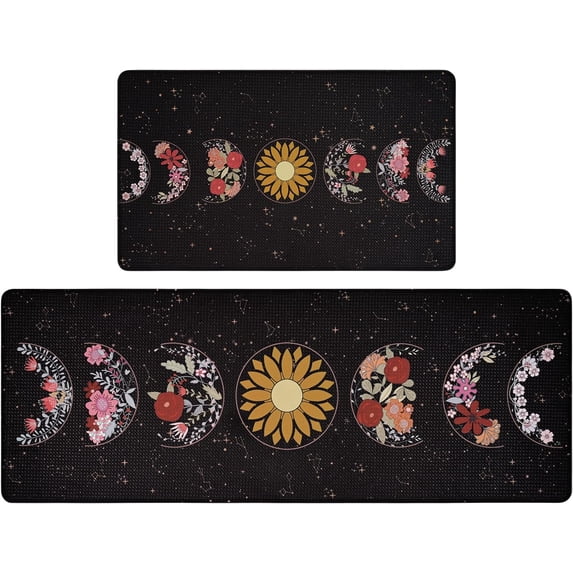 Spring Kitchen Mats 2 Piece, Moon Phase Flower Kitchen Mats for Floor Anti Fatigue Kitchen Mats,Cushioned Floral Kitchen, Kitchen Rug Non Slip Waterproof, Kitchen Gadget