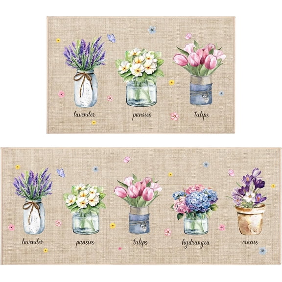 Spring Kitchen Mats Set of 2 Spring Flower Kitchen Rugs Lavender Tulip Vase Non Slip Floor Mat Seasonal Summer Home Decor for Home Indoor Outdoor Living Room Bedroom Spring Holiday Decor