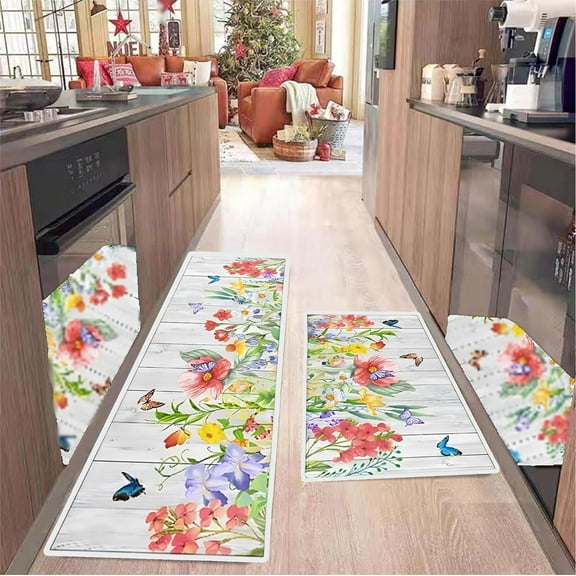 Spring Kitchen Mats Set of 2,Non-Slip Cute Kitchen Mat Anti Fatigue Mat for Spring Decorations 17"x47"+17"x30"