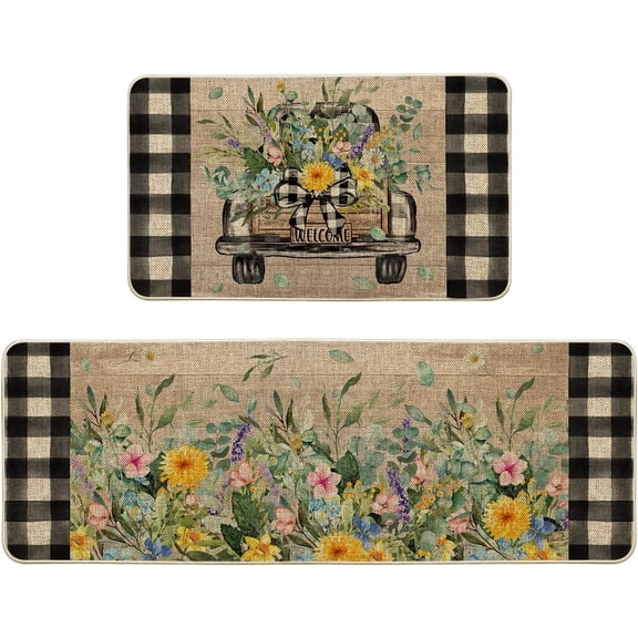 Spring Kitchen Mats Set of 2, Summer  Decor Low-Profile Kitchen Rugs for Floor - 17x29 and 17x47 Inch
