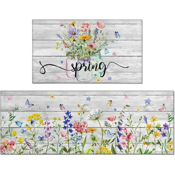 Spring Kitchen Rug Set of 2,Non-Slip Washable Kitchen Mats,Wood Grain Floral Kitchen Mats,Spring and Summer Holiday Decorations for Home Kitchen,17x30+17x47 Inch