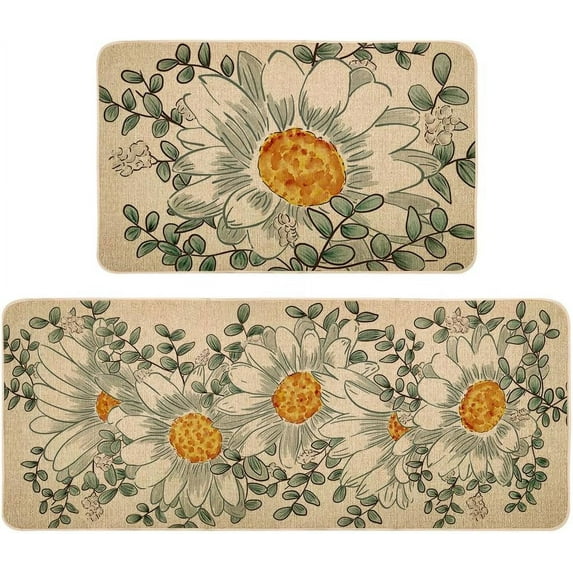 Spring Kitchen Rug Set of 2, Non-Slip Absorbent Door Mats Seasonal Daisy Decorative Kitchen Floor Mat 17x29 and 17x47 Inch DM143