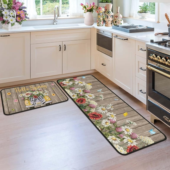 Spring Kitchen Rugs and Mats for Floor, Spring Decorations for Home, 2 Pcs Non-Slip Backing Spring Summer Mat, Spring Decor Holiday Kitchen Rug Sets with Runner (Spring 04, 17"x47.2"+17"x30")