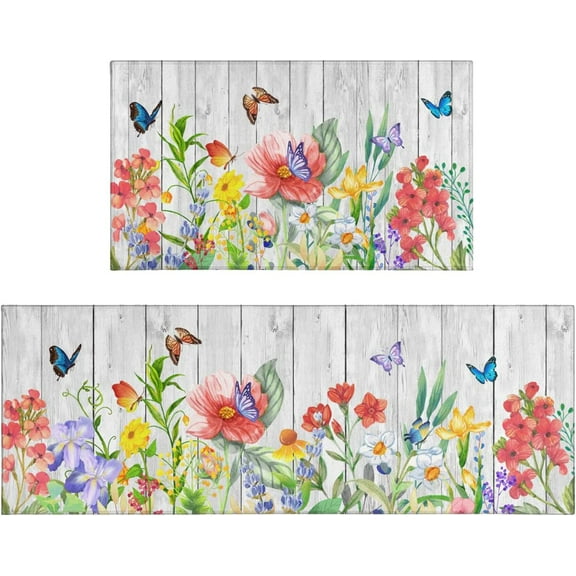 Spring Kitchen Rugs Set of 2,Anti-Slip Washable Kitchen Mats，Wood Grain Floral Kitchen mat, Seasonal Holiday Decorations for Home Kitchen，17x30+17x47 Inch