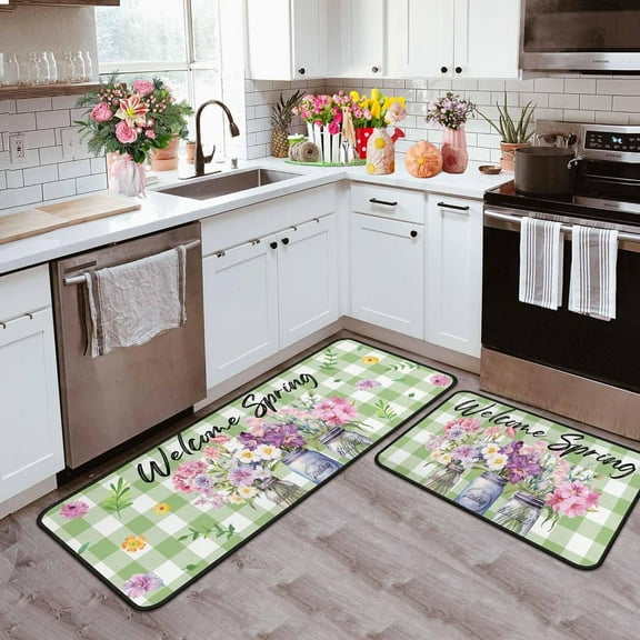 Spring Kitchen Rugs Set of 2, Spring Decorations Non Slip Backing Spring Kitchen Mats for Floor Holiday Rug Spring Decor for Home Party Gifts (Welcome 1, 17"x47.2"+17"x30")