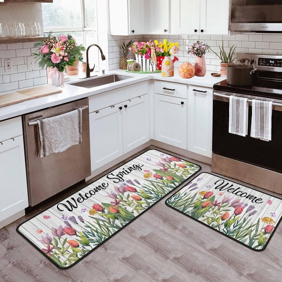 Spring Kitchen Rugs Set of 2, Spring Decorations Non Slip Backing Spring Kitchen Mats for Floor Holiday Rug Spring Decor for Home Party Gifts (Welcome 2, 17"x47.2"+17"x30")