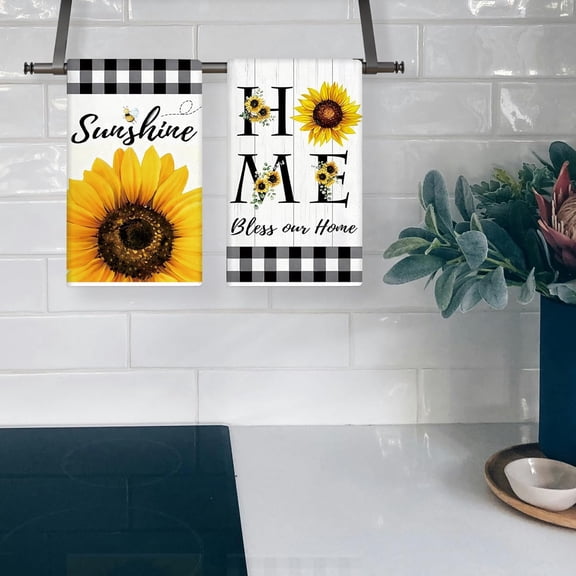 Spring Kitchen Towels 18x26 Inch Set of 2 Sunflower Floral Sunshine Buffalo Plaid Dish Towels Farmhouse Summer Holiday Absorbent Decorative Grid Hand Towels for Kitchen Bathroom Home Decoration