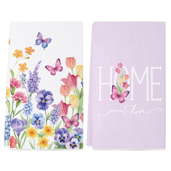 Spring Kitchen Towels, Colorful Wild Flowers Floral Butterfly Spring Dish Towels 18x26 Inch Sweet Home Watercolor Seasonal Summer Home Party Decor Drying Dishcloth Kitchen Hand Towels Set of 2