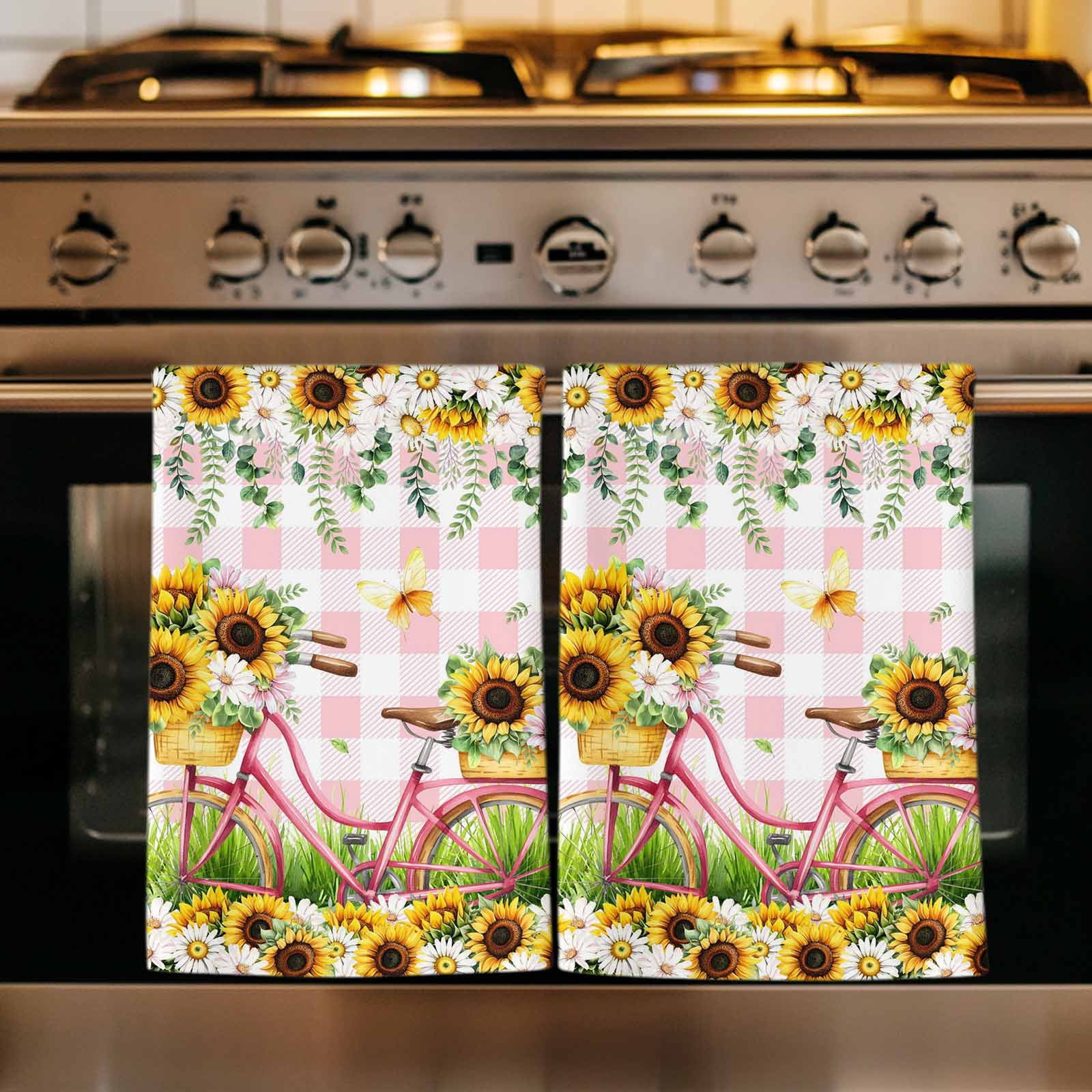 Spring Kitchen Towels Set of 2, Bicycles Blossom Botanical Sunflowers Pink Plaid Absorbent Dish Towels for Kitchen, Microfiber Hand Towel, Quick Drying Tea Towel for Cleaning Decorative Dishcloths