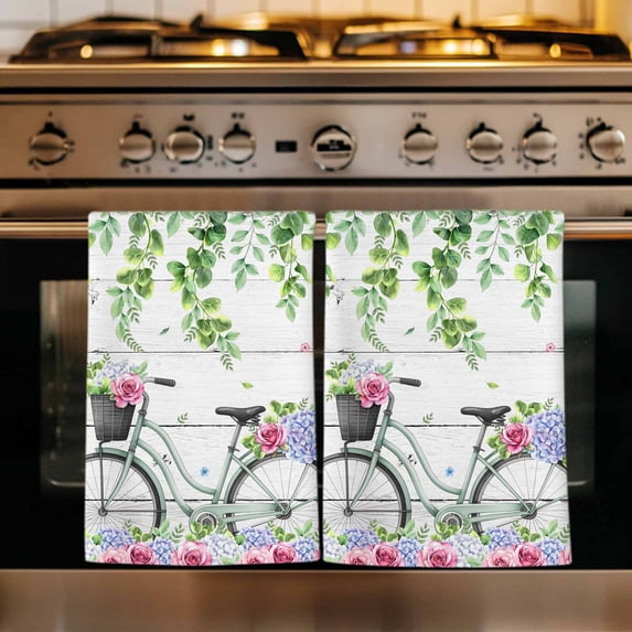 Spring Kitchen Towels Set of 2, Bicycles Botanical Rose Leaves Butterfly Wood Grain Absorbent Dish Towels for Kitchen, Microfiber Hand Towel, Quick Drying Tea Towel for Cleaning Decorative Dishcloths