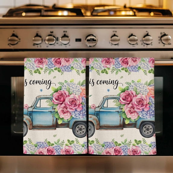 Spring Kitchen Towels Set of 2, Farmhouse Retro Truck Botanical Rose Butterfly Absorbent Dish Towels for Kitchen, Microfiber Hand Towel, Quick Drying Tea Towel for Cleaning Decorative Dishcloths