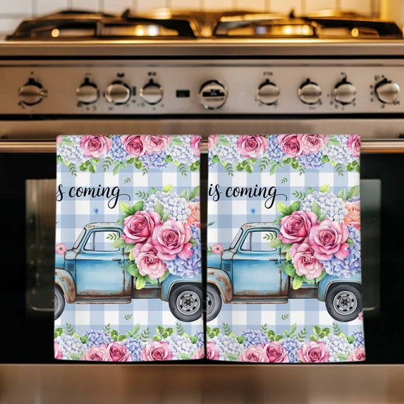 Spring Kitchen Towels Set of 2, Truck Botanical Rose Leaves Blue White Plaid Absorbent Dish Towels for Kitchen, Microfiber Hand Towel, Quick Drying Tea Towel for Cleaning Decorative Dishcloths