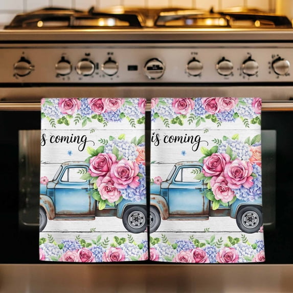 Spring Kitchen Towels Set of 3, Truck Botanical Floral Leaf Butterfly Wooden Grain Absorbent Dish Towels for Kitchen, Microfiber Hand Towel, Quick Drying Tea Towel for Cleaning Decorative Dishcloths