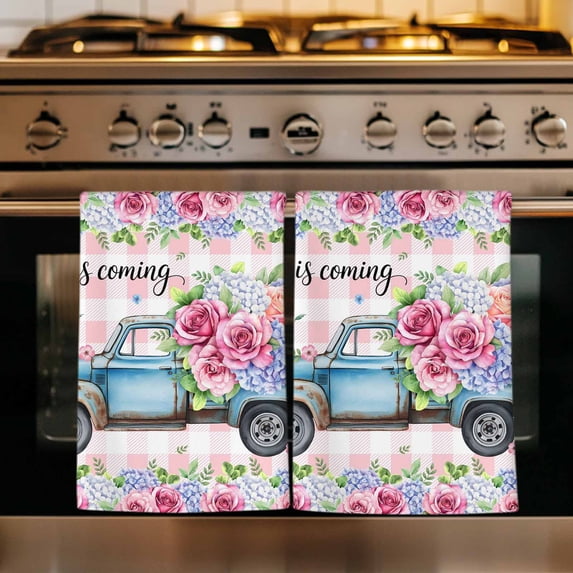 Spring Kitchen Towels Set of 4, Truck Botanical Rose Leaves Butterfly Pink Lattice Absorbent Dish Towels for Kitchen, Microfiber Hand Towel, Quick Drying Tea Towel for Cleaning Decorative Dishcloths
