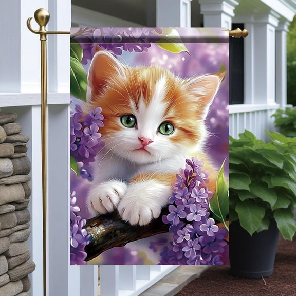 Spring Kitten Garden Flag 12x18 Inch Double Sided Outdoor Yard Banner Orange and White Cat with Lilac Flowers Floral Seasonal Decoration for Porch Patio Lawn and Home