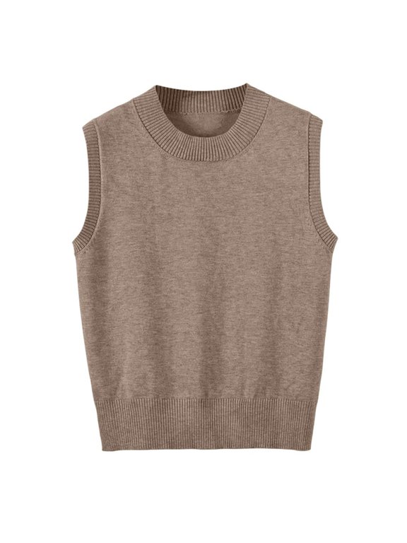 Spring Knit Sleeveless Sweater Vest for Women Solid Color Round Neck Layering Top Autumn Casual Wear Crew Neck Khaki L