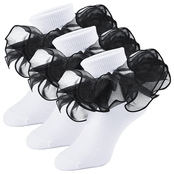 Spring Lace Cute Floral Socks for Kids Black & Sweet School Big Girls Ruffled Comfy Ruffle 3 Pairs M