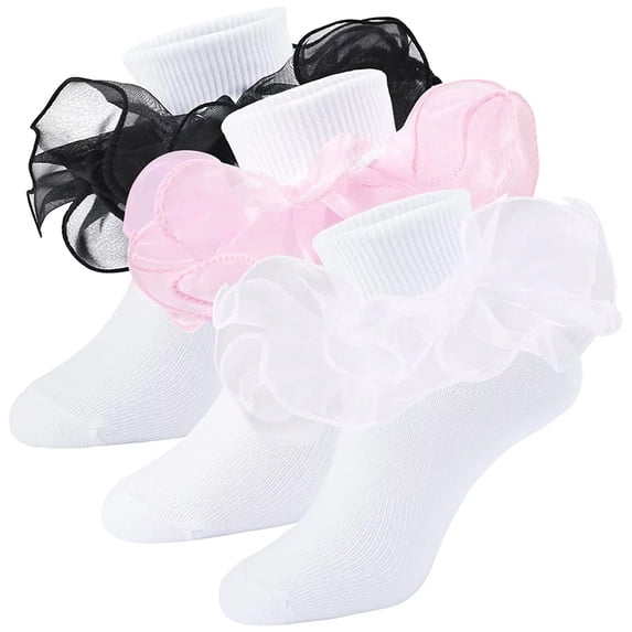 Spring Lace Cute Floral Socks for Kids & Sweet School Big Girls Ruffled Comfy Ruffle 3 Pairs M
