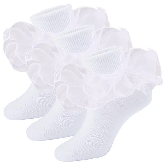 Spring Lace Cute Floral Socks for Kids White & Sweet School Big Girls Ruffled Comfy Ruffle 3 Pairs L