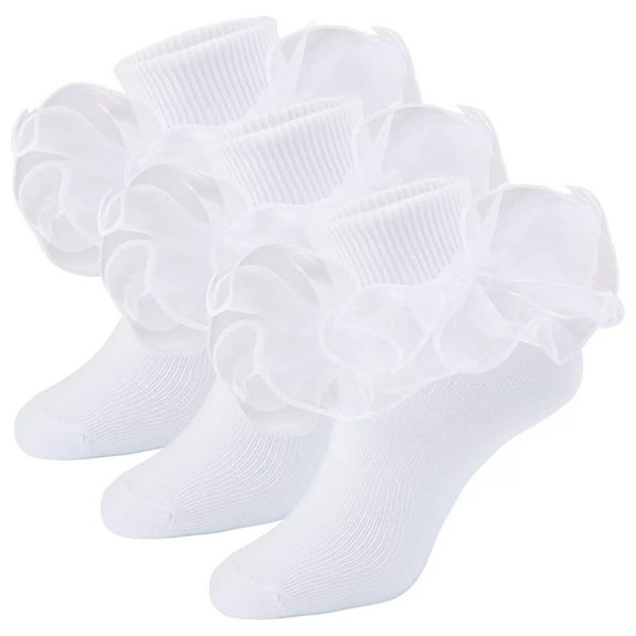 Spring Lace Cute Floral Socks for Kids White & Sweet School Big Girls Ruffled Comfy Ruffle 3 Pairs M