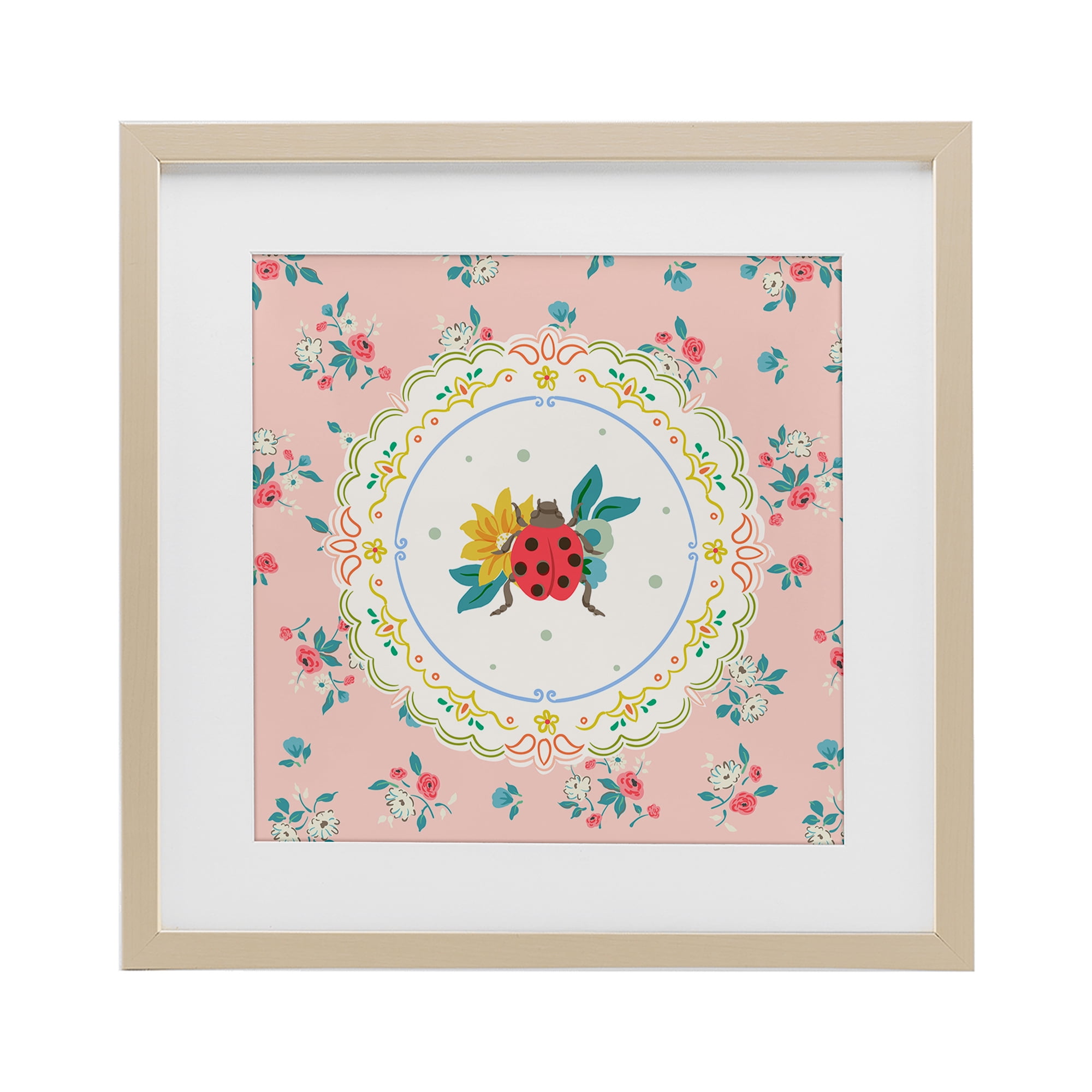 Spring Lady Bug Lace Pattern Birch Framed Print Under Glass, design by Angela Steahling