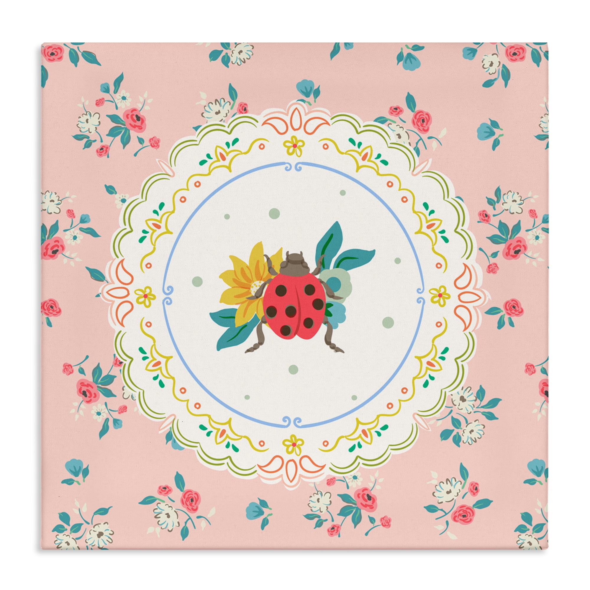 Spring Lady Bug Lace Pattern Canvas Wall Art, design by Angela Steahling