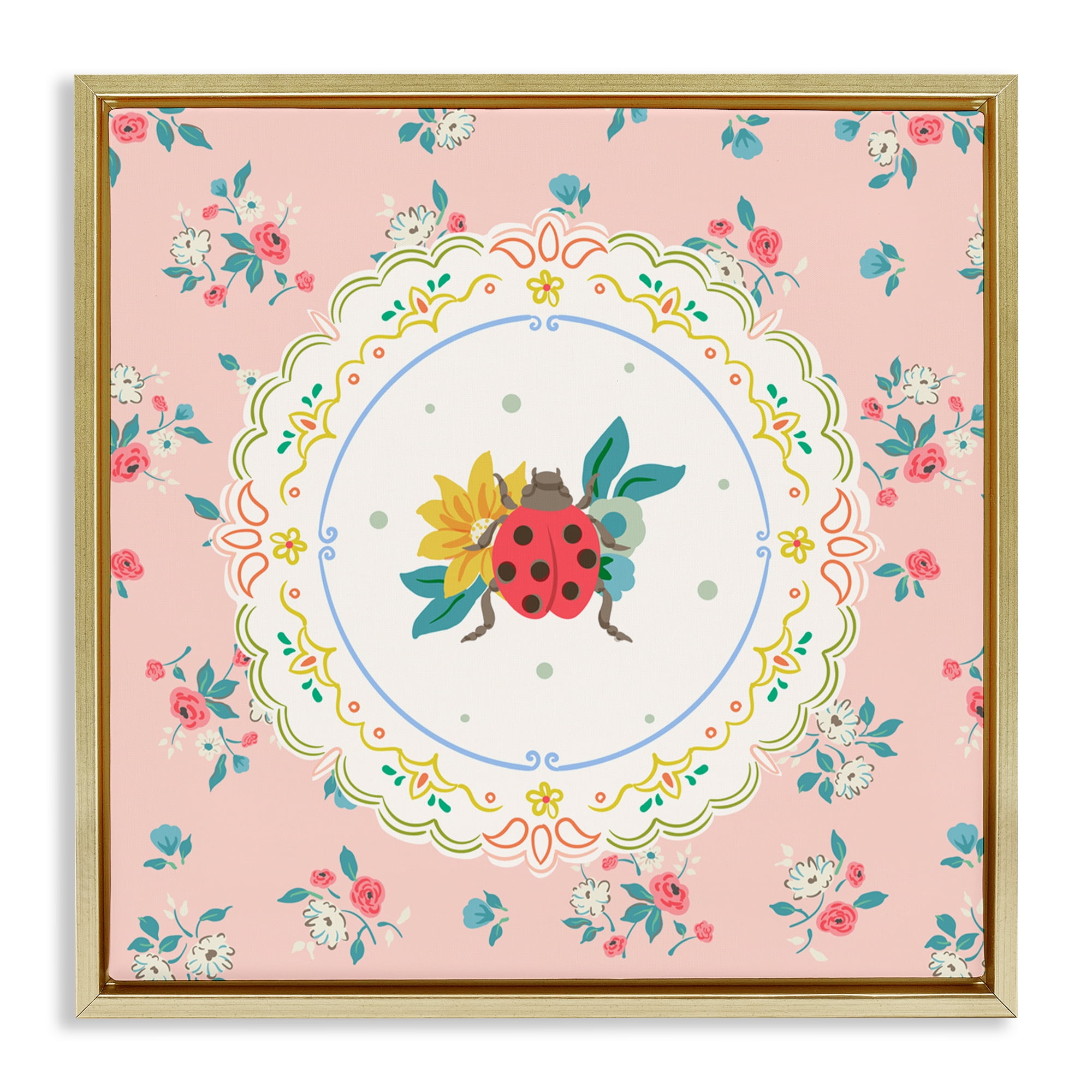 Spring Lady Bug Lace Pattern Gold Framed Floater Canvas Wall Art, design by Angela Steahling