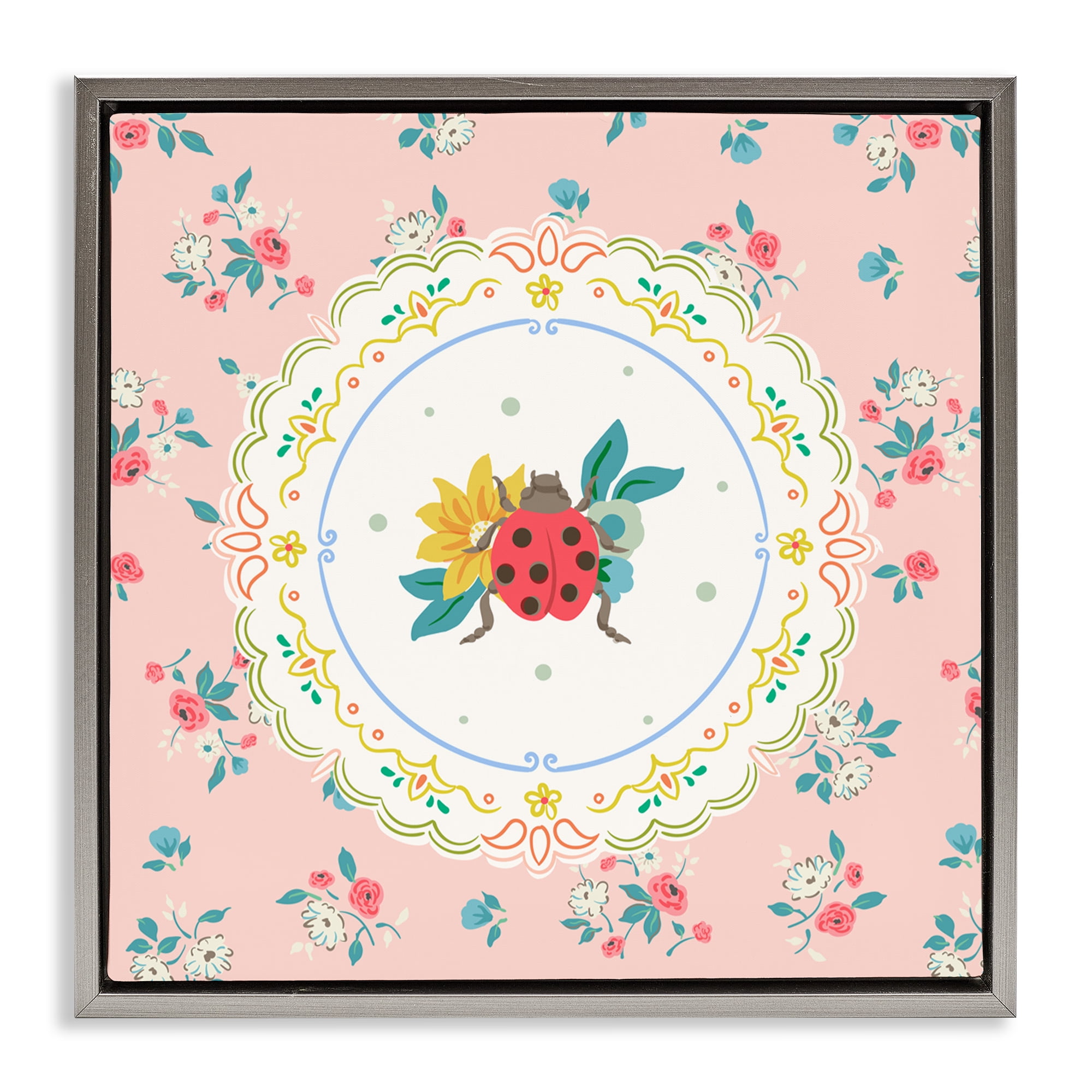 Spring Lady Bug Lace Pattern Gray Framed Floater Canvas Wall Art, design by Angela Steahling