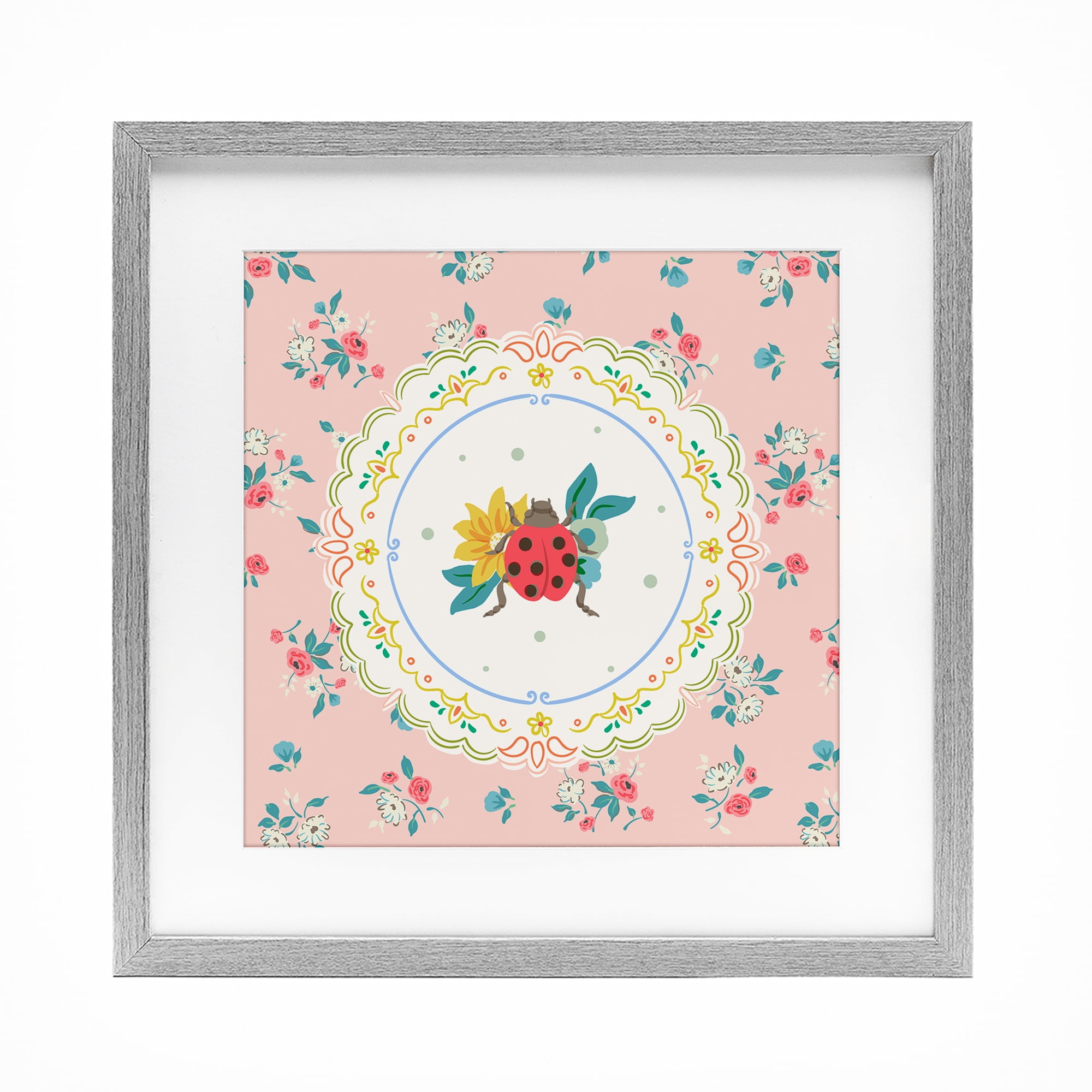 Spring Lady Bug Lace Pattern Gray Framed Print Under Glass, design by Angela Steahling