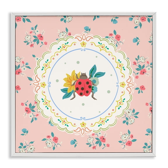 Stupell Industries Shabby Chic Spring Lady Bug Lace Pattern White Framed Giclee Art, 17 x 17, by Angela Steahling